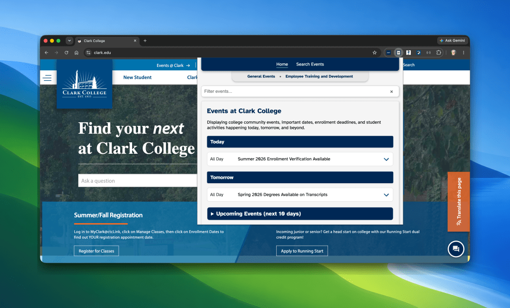A screenshot of the Clark College Events extension in the Google Chrome browser.