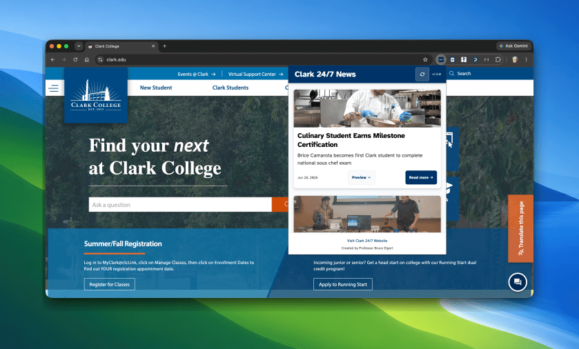 A screenshot of the Clark College News extension in the Google Chrome browser.