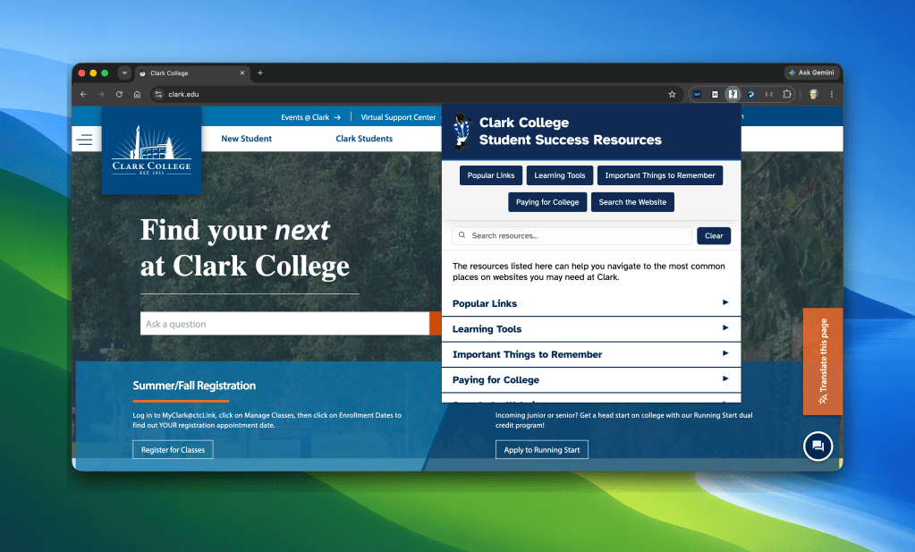 A screenshot of the Clark College Student Success Resources extension in the Google Chrome browser.