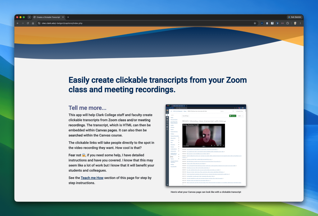 A screenshot of the Create Clickable Transcripts from Closed Caption Files in the Google Chrome browser.